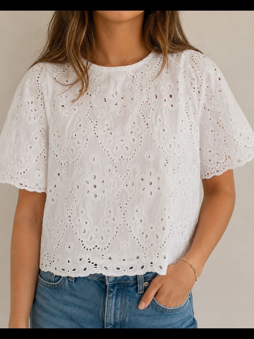 Jennifer & Grace White Eyelet Embroidered Cotton Blouse Top Sz M Boho Cotton